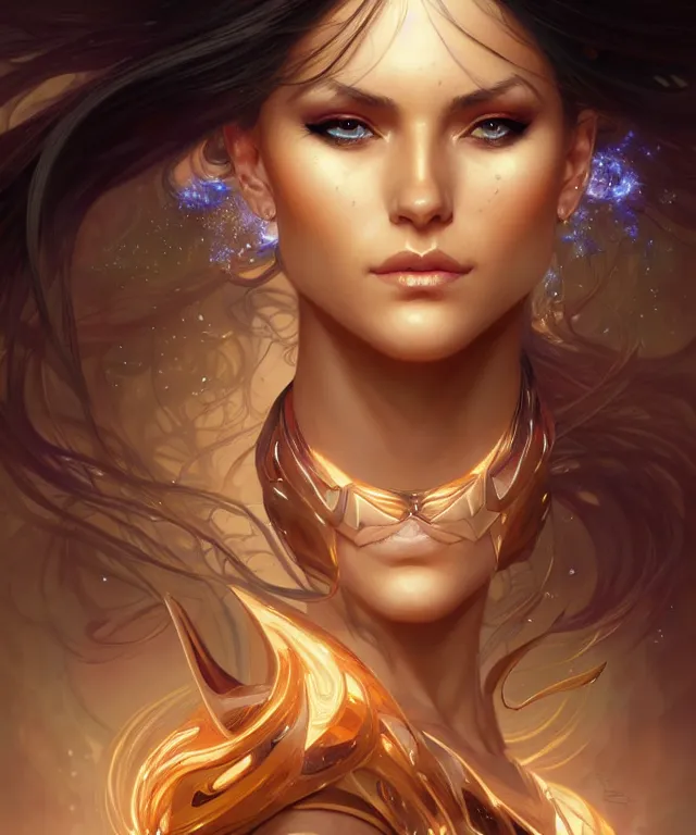 Image similar to fantasy magic woman portrait, sci-fi, amber eyes, face, long hair, fantasy, intricate, elegant, highly detailed, digital painting, artstation, concept art, smooth, sharp focus, illustration, art by artgerm and greg rutkowski and alphonse mucha