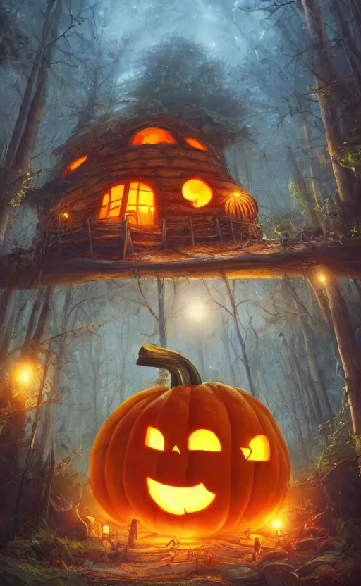 Image similar to a giant pumpkin cabin in the middle of a forest at night, the lights are on, dynamic lighting, photorealistic fantasy concept art, trending on art station, stunning visuals, creative, cinematic, ultra detailed