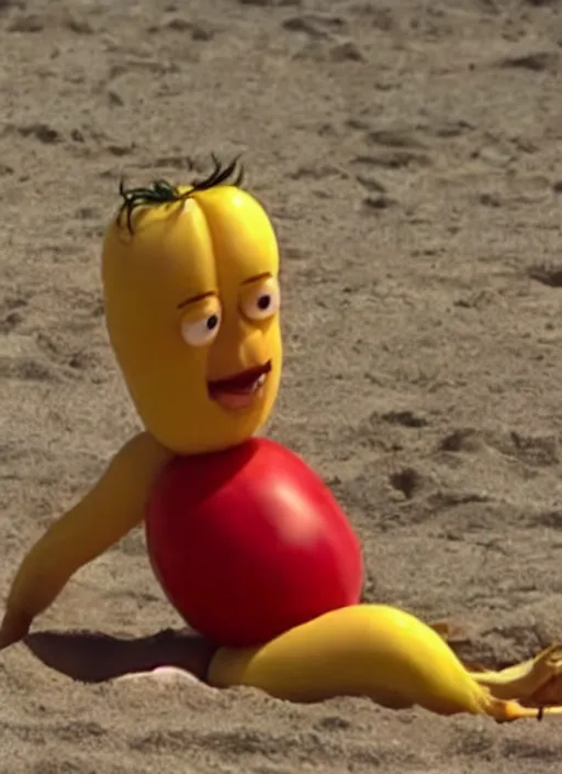 Image similar to jeff goldblum as a banana tomato on the sand of a beach