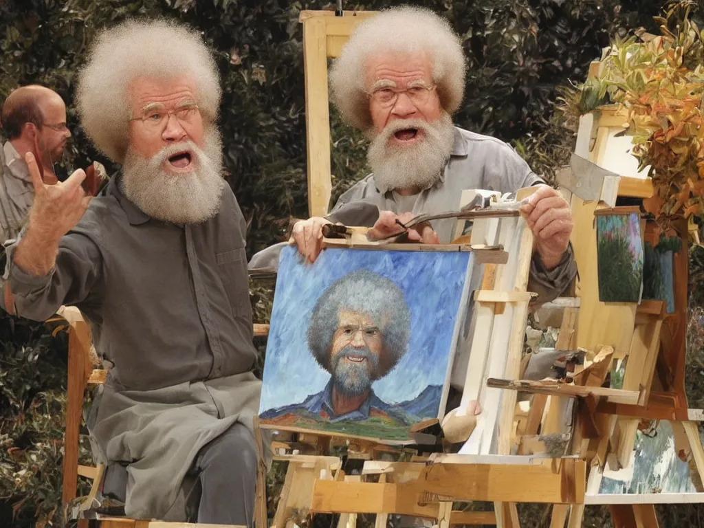 Prompt: old bob ross is sad and angry and yelling at a huge painting of nature by bob ross