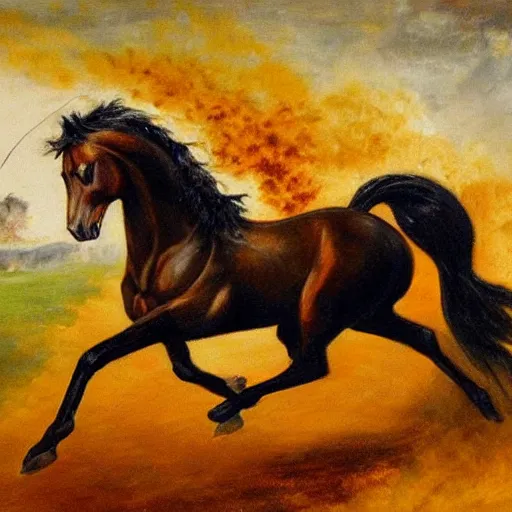 Prompt: an oil pianting of a horse running with fire all around it