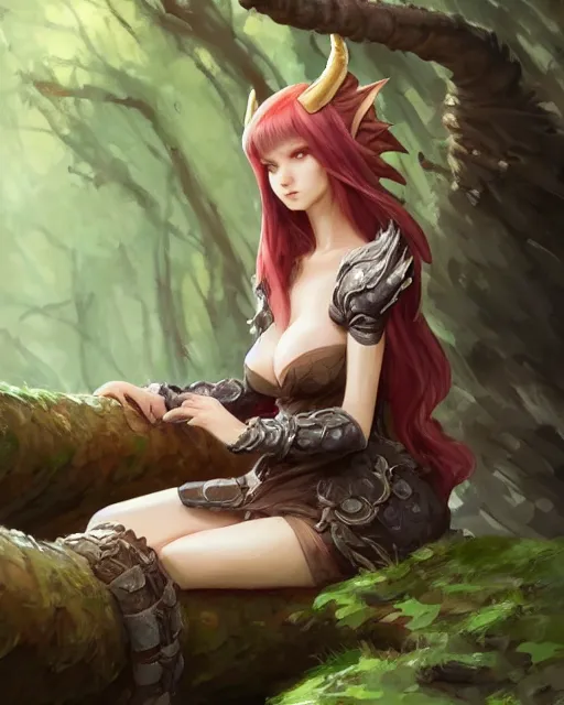 Prompt: concept art of a dragon girl, wearing tight medival clothes, sitting on a log in a mystical forest | | cute - fine - fine details by stanley artgerm lau, wlop, rossdraws, james jean, andrei riabovitchev, marc simonetti, and sakimichan, trending on artstation