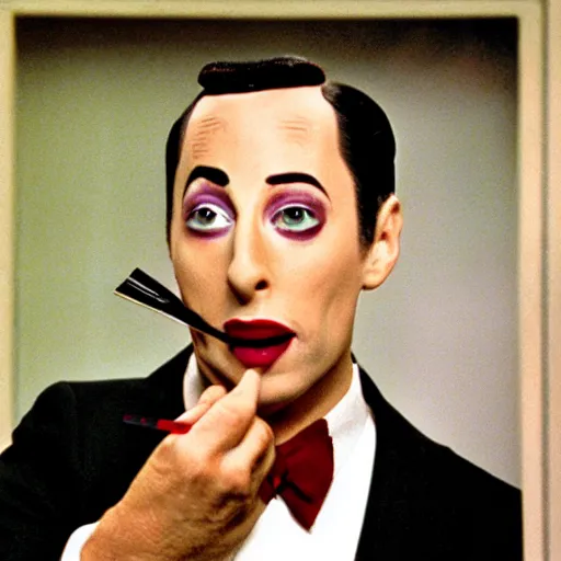 Prompt: pee wee herman putting on makeup