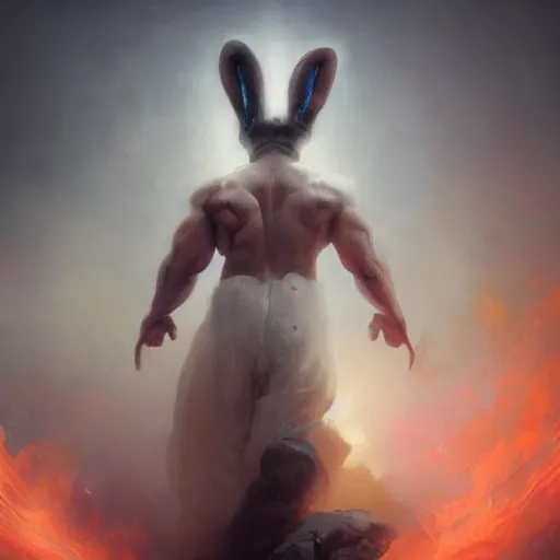 Image similar to epic portrait an beautiful man wearing white bunny suit with bunny ears, muscular, dirty, flames in backround, foggy city backround, broad light, ambient occlusion, volumetric light effect, made by ivan aivazovsky, peter mohrbacher, greg rutkowski, matte painting, trending on artstation, 4 k, perfectly defined features, digital painting,