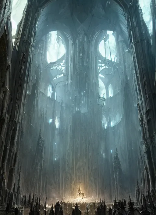 Image similar to a medieval adventurer inside an enormous alien cathedral,, lord of the rings, portal to another dimension, cinematic lighting, highly detailed, sharp focus, perfect composition, 4 k, artgerm, derek zabrocki, greg rutkowski