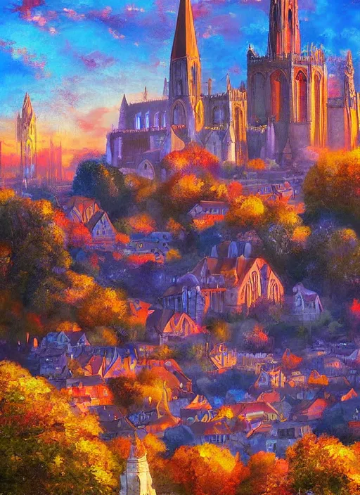 Prompt: A fantasy digital painting of a town on the side of a large hill topped by a massive cathedral, golden hour, vibrant color scheme, by Elodie Mondoloni