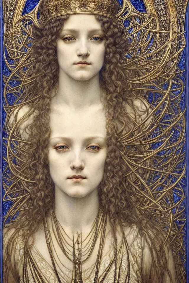 Image similar to detailed realistic beautiful young medieval queen face portrait by jean delville, gustave dore and marco mazzoni, art nouveau, symbolist, visionary, gothic, pre - raphaelite. horizontal symmetry