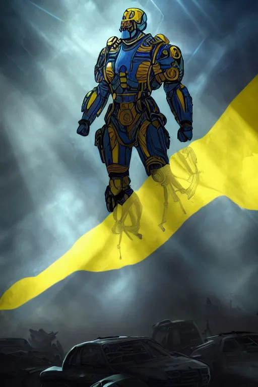 Prompt: a full body shot from distance of a super soldier with a Ukrainian blue and yellow stripes flag standing in the beam of light from the clouds on a pile of skulls and rotten cars as a winner, masculine figure, D&D, fantasy, intricate, elegant, highly detailed, digital painting, artstation, concept art, matte, sharp focus, symmetrical, illustration, hyperrealistic, art by Artgerm and Greg Rutkowski and Alphonse Mucha