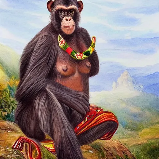 Prompt: beautiful painting by sophie anderson of a chimpanzee wearing traditional men kurdish clothes shalvar baggy pants and white shirt with a large sash tied around the waist in a kurdish village, award winning art, insanely detailed, bright colors, global illumination, cute, young, stunning