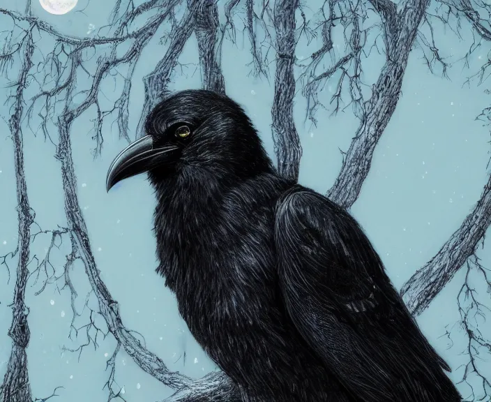 Image similar to a hyper-detailed fantasy wallpaper book cover, close-up portrait of a crow on a tree in front of the full big moon; an extraordinary masterpiece!!!; flawless; proud posture; photorealistic eyes; trending on artstation; f/1.4; 90mm