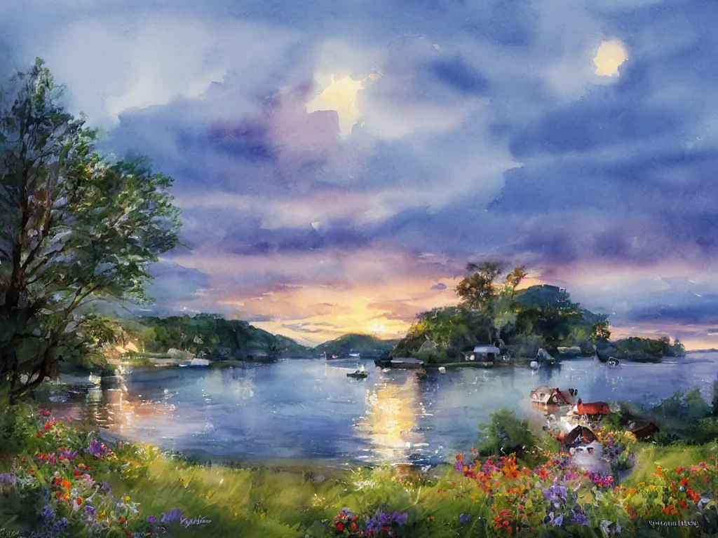 Prompt: A beautiful night in the swedish archipelago, watercolor painting by Vladimir Volegov