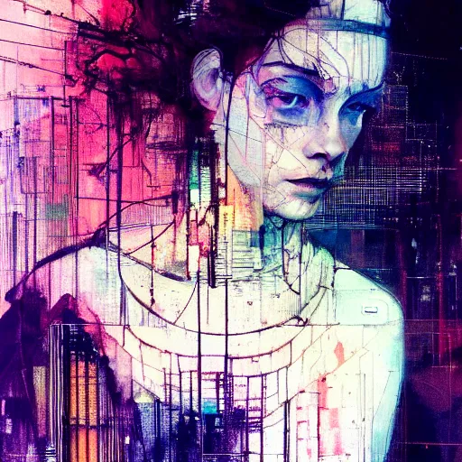 Image similar to beautiful young woman cyber dreamer glitchcore wires, machines, by jeremy mann, francis bacon and agnes cecile, and dave mckean ink drips, paint smears, digital glitches glitchart