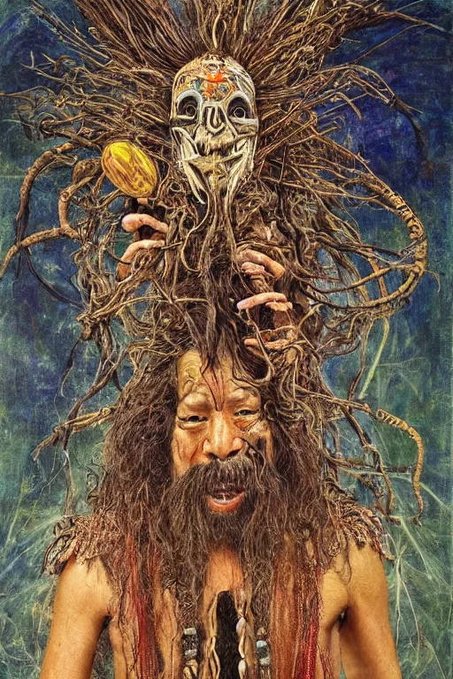 Image similar to a high hyper - detailed painting with complex textures, of an oriental shaman with tangled hair and a terrifying mask, wears a tunic vs. barefoot and has a cane, he is performing a ritual to access the world of imagination and dreams, cosmic horror spiritual visionsrio psicodelico weird bizarre art