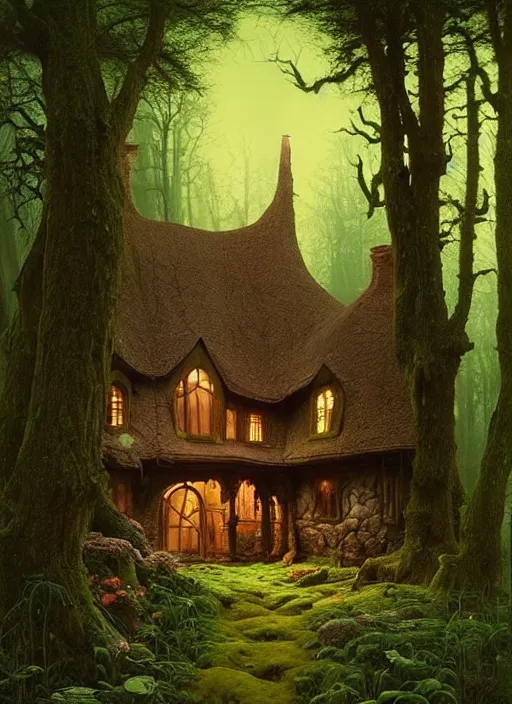 Image similar to hyper realistic witch cottage rococo in the woods gorgeous lighting, highly detailed, lush forest painting by zdzisław beksinski and norman rockwell and greg rutkowskiweta studio, and lucasfilm