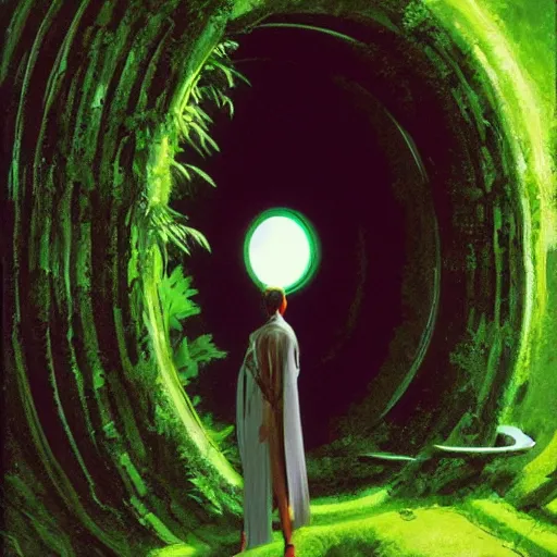 Image similar to portal in a middle of a lush futuristic forest, alien world seen through a portal, person in a cloak standing in front of a portal, syd mead, john harris