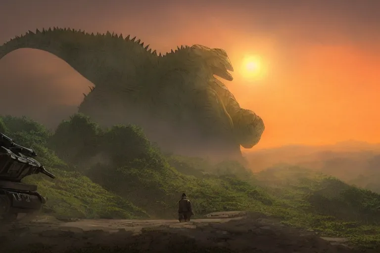 Prompt: tank shooting at godzilla the shire at sunset in the style of ghibli, 8 k, artstation, award wining, rutkowski, shinkai