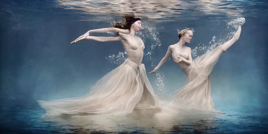 Image similar to underwater realistic photography of dancers with long gorgeous clothes , renaissance epic scene . Fluidity, elegance, beauty, water ocean cautic , ocean surface visible and water bubbles details rising up reaslitic undrwater background, high details. by CHRISTY LEE ROGERS