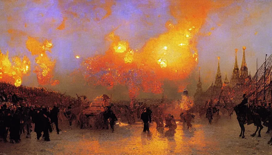 Prompt: moscow ablaze as napoleon approaches, by ilya repin [ wide painting ]