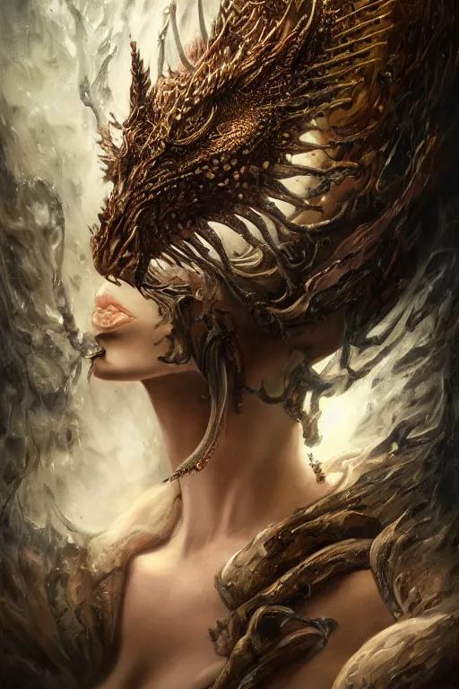 Image similar to single face portrait. very complex hyper-maximalist overdetailed cinematic darkfantasy portrait of an elegant very attractive but dangerous and wild queen dragon by andrei riabovitchev, tomasz alen kopera, oleksandra shchaslyva. Omnious intricate. Focus on face. Artstation. Deviantart. 8k 4k 64megapixel.
