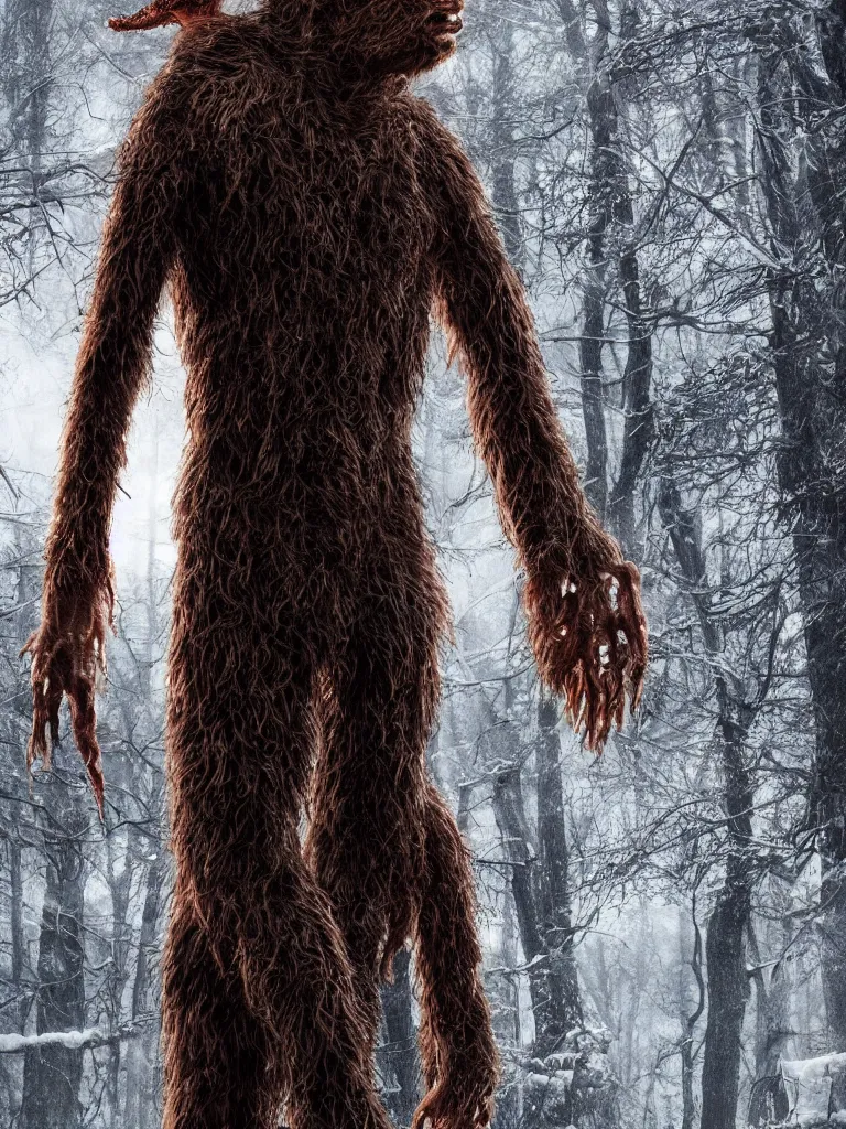 Prompt: standing photorealistic detailed tall skinny humanoid creature with fur, the woods, night, extremly detailed, 8 k, realistic, sharp focus, cosmic horror creature, cosmic horror, from the movie the thing