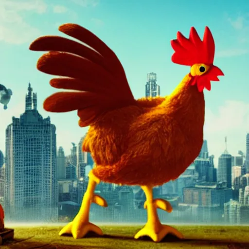 Image similar to a giant chicken attacking a city