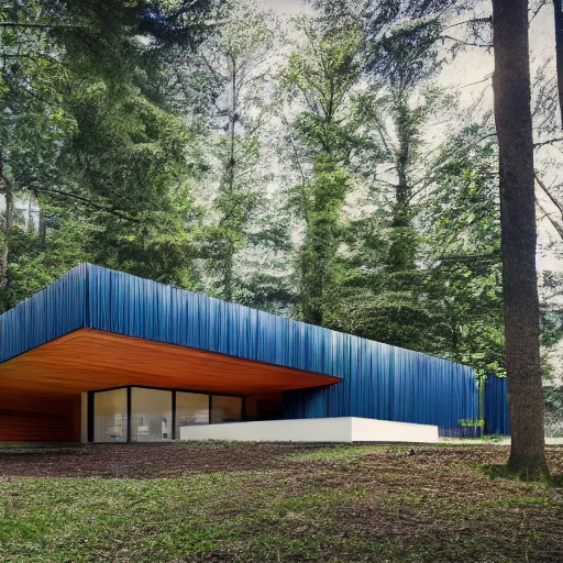 Image similar to architecture ad for a mid-century modern house in the middle of the wood designed by bjarke Ingels. grain, cinematic, colorized, blue hue