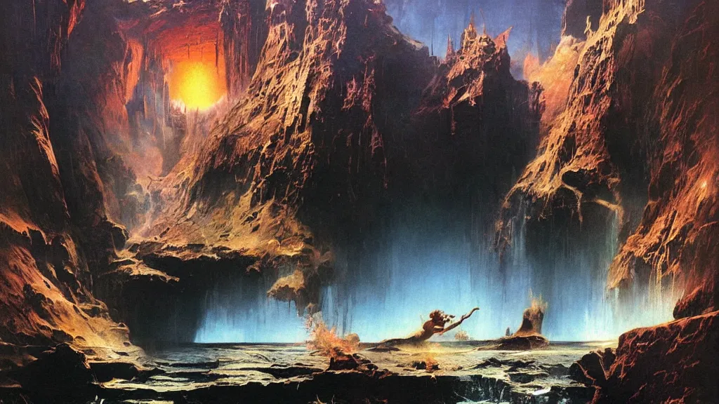 Prompt: falling into a deep hole by frank frazetta and bruce pennington, cinematic matte painting