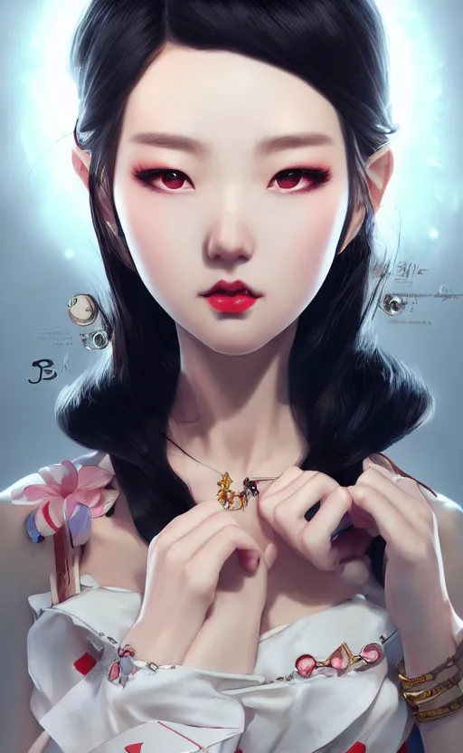 Image similar to a pin up and beautiful fashion charming dreamlke korea girl with lv jewelry, character art, art by artgerm lau and kyoung hwan kim and and ilya kuvshinov and john singer sargent, hyperdetailed, 8 k realistic, symmetrical, frostbite 3 engine, cryengine, dof, trending on artstation, digital art