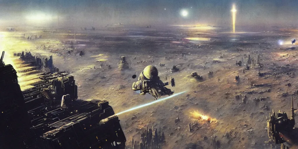 Image similar to a painting of low earth orbit space city under war by john harris.