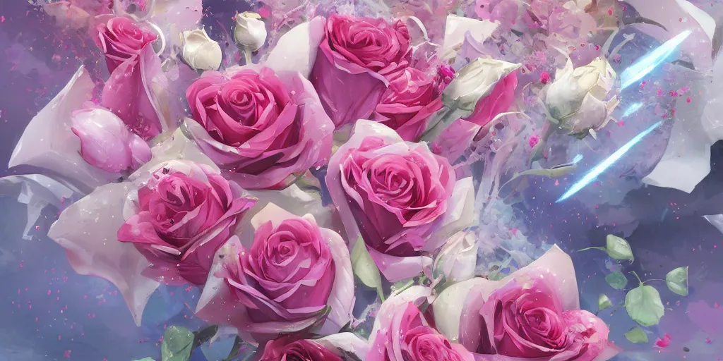 Image similar to background art of magic invisible force blade slicing through a bouquet of white and pink roses, flowers exploding and splattering, big puffy clouds, exploding roses, large rose petals, lotus petals, large polygonal background elements, large polygons, studio ghibli anime, radiant lighting, artgerm, manga, trending on artstation, art nouveau, mature colors