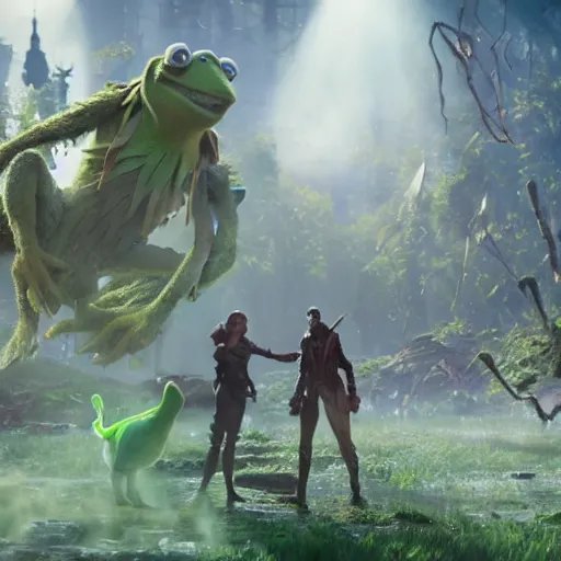 Prompt: a still of kermit the frog in avengers movie, cory loftis, fenghua zhong, ryohei hase, ismail inceoglu and ruan jia. volumetric light, detailed, octane render, horizon zero dawn