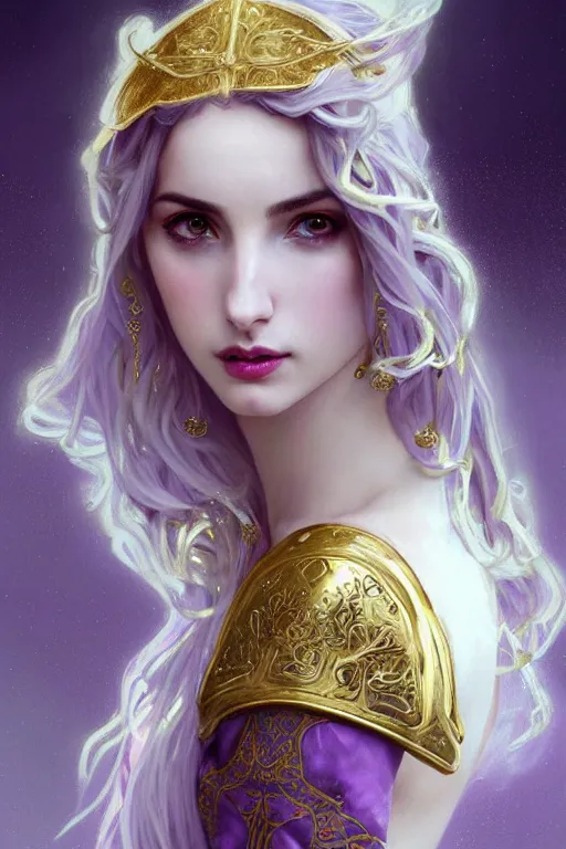 Prompt: sexy ana de armas beautiful and victorian and holy and divine and elite young medieval female white armor knight portrait +shiny eyes+front face with long flowing hair, lilac hair, ultradetail face, gold filigree, full body shot, warm bokeh background, art and illustration by tian zi and craig mullins and WLOP and alphonse mucha, fantasy, sci-fi, intricate complexity, human structure, human anatomy, fantasy character concept, blurry, hyperrealism 8k, warm golden backlit