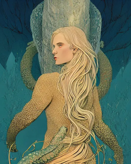 Prompt: a beautiful maiden with golden hair growing scales and sharp claws like a serpentine, digital art, illustrated by james gurney and victo ngai