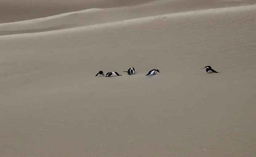 Image similar to penguins sliding in sand dunes, photography