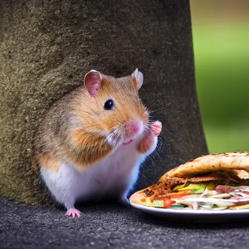 Image similar to detailed photo of a hamster eating a kebab, outdoors, various poses, full body, unedited, daylight, 8 k