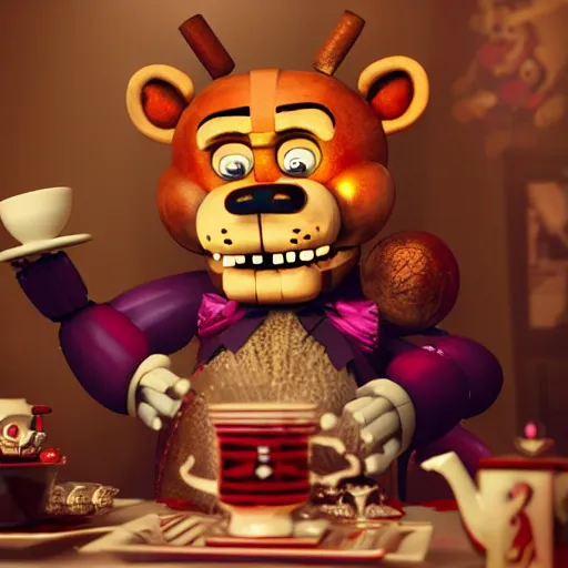 Prompt: a five nights at freddy's animatronic having an intense tea party with queen elizabeth ii, octane render / source, oil painting, trending on artstation, rossdraws