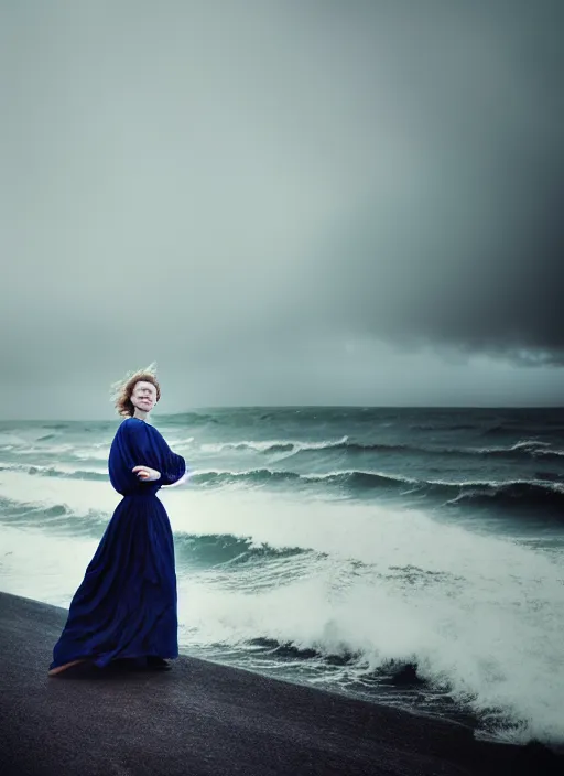 Prompt: cinestill 5 0 d half - length portrait photo portrait of a woman britt marling 3 / 4 style of nicholas fols, 1 5 0 mm, windy mood, dress in voile, mute dramatic colours, soft blur outdoor stormy sea background, volumetric lighting, hyper detailed, hyper realistic