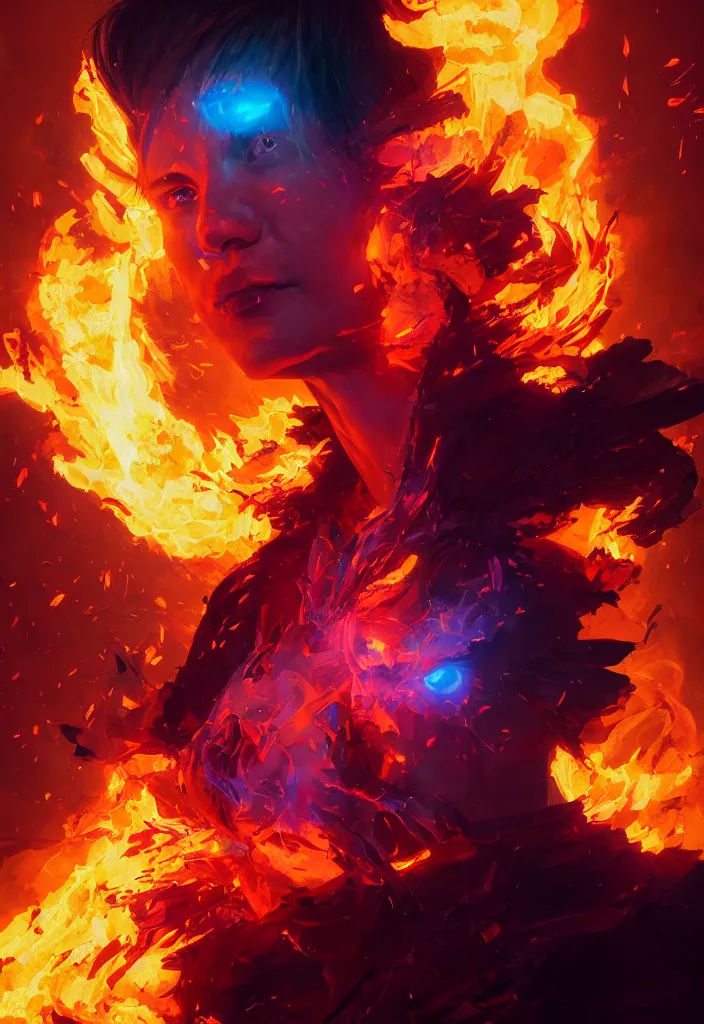 Image similar to a fancy portrait of pissed off mage engulfed in colorful flames by greg rutkowski, sung choi, mitchell mohrhauser, maciej kuciara, johnson ting, maxim verehin, peter konig, 8 k photorealistic, cinematic lighting, hd, high details,