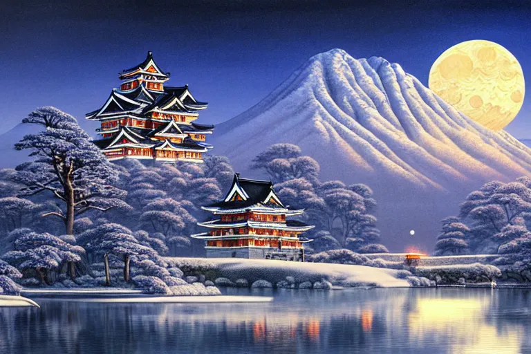 Image similar to landscape with a japanese castle, snowcapped mountains, moonlight, fantasy painting by michael whelan and vicente segrelles and mort kunstler, 4 k, hd, award winning, intricate details