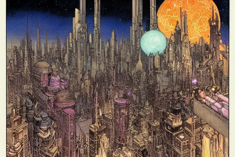 Prompt: fantasy illustration, Night City on Coruscant by m w kaluta
