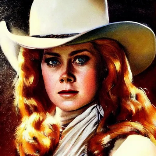 Image similar to ultra realistic portrait painting of amy adams as a western outlaw, art by frank frazetta, 4 k, ultra realistic, highly detailed, epic lighting