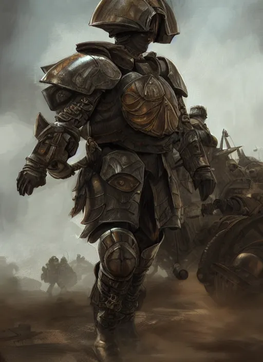 Image similar to portrait of epic armored war commander leaving war ground. highly detailed, digital painting, concept art, smooth, sharp focus, illustration