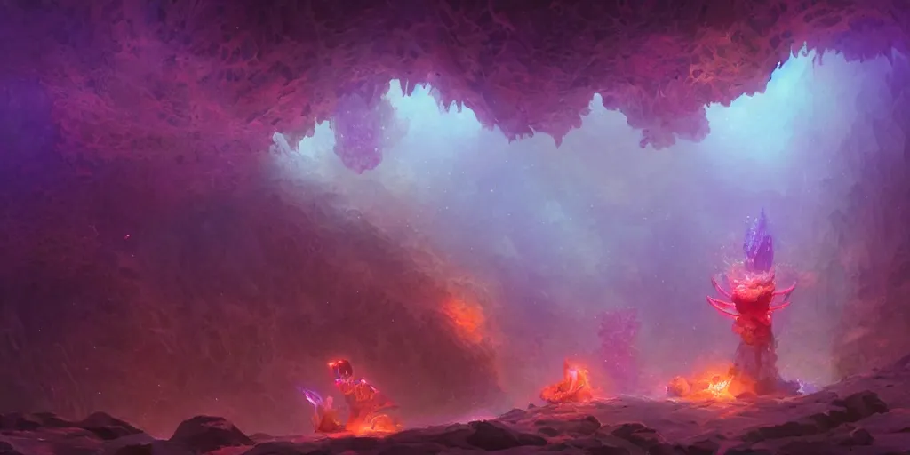 Image similar to crystal golem creature, purple orange pink colors, underwater coral cavern background, concept art, beautiful lights, d & d, fantasy, highly detailed, masterpiece, volumetric lighting, digital painting, artstation, smooth, sharp focus, illustration, art by artgerm, by greg rutkowski