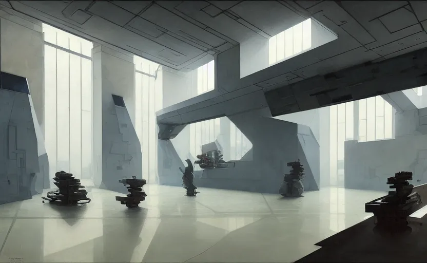 Image similar to painting of interior shot of a white concerete brutalist museum with modern contemporary abstract art on the wall by darek zabrocki and greg ruthkowski, alphonse mucha, simon stalenhag and cinematic and blue cold atmospheric, archillect concept art, artstation, trending on artstation