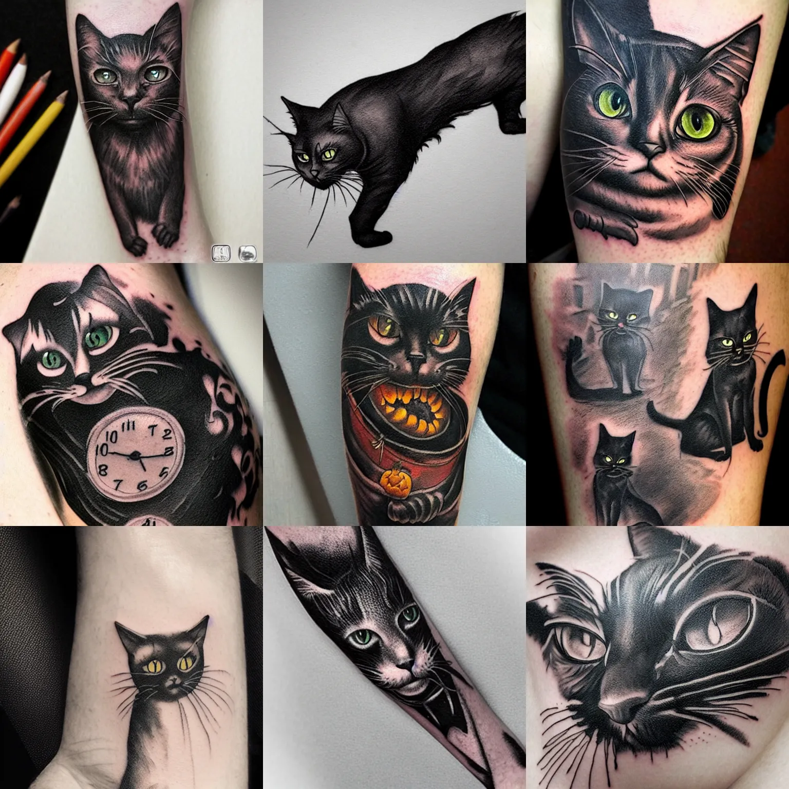 Prompt: black cat halloween tattoo on forearm by anton pieck, intricate, extremely detailed, digital painting, artstation, concept art, smooth, sharp focus, illustration, intimidating lighting, incredible art,