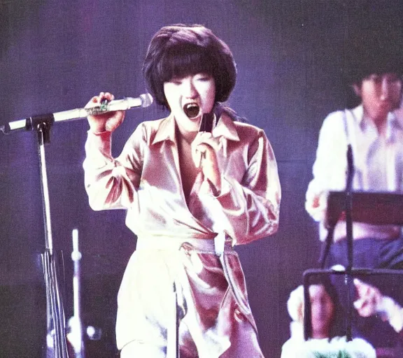 Prompt: photo of singer singing in an japan 1 9 8 0 pop big concert, color photo, colored