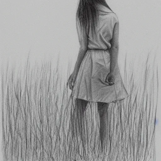 Image similar to pencil sketch of girl standing in field, peaceful, calm, serene