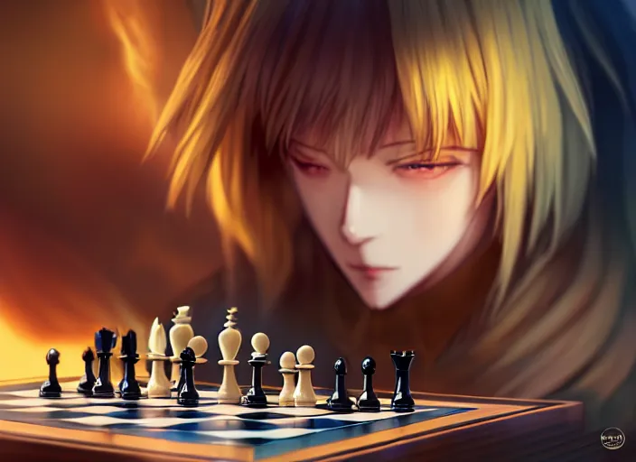 Image similar to rimuru playing chess, with amber eyes of golden colored eyes, straight hair, sky blue hair, long bangs, high collar, concept art, award winning photography, digital painting, cinematic, by wlop, anime key visual, wlop, 8 k, by ross tran, tom bagshaw, andy warhol