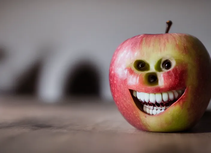 Image similar to photo still of an apple with human teeth, 8 k, studio lighting bright ambient lighting key light, 8 5 mm f 1. 8