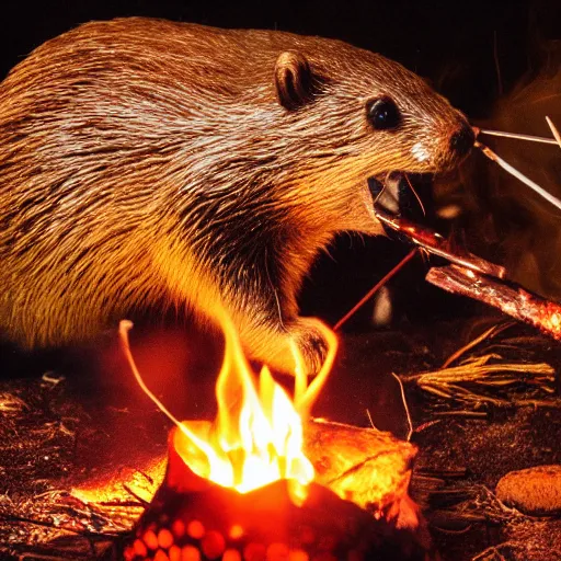 Image similar to beaver being spit roasted over a campfire at night, photograph